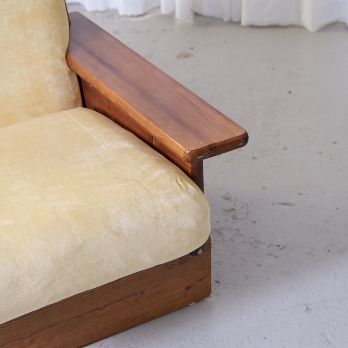 Vintage Scandinavian Pine Armchairs with Butter Velvet Upholstery