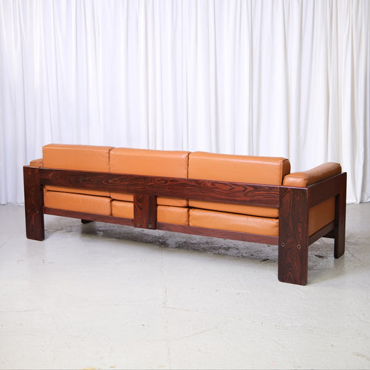 Tobia Scarpa Bastiano 3-Seater Sofa in Cognac Leather and Rosewood
