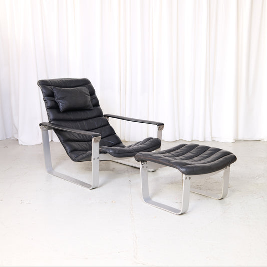 Ilmari Lappalainen Pulkka Lounge Chair with Ottoman in Black Leather