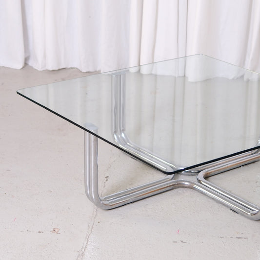 Vintage Italian Glass Coffee Table with Chrome Tubular Steel Base