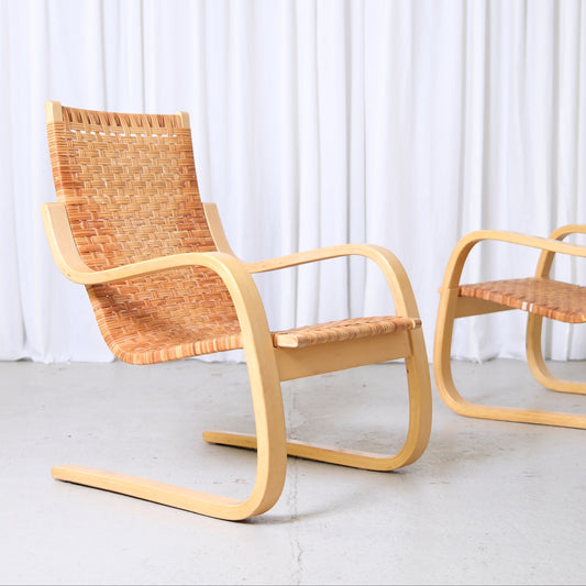 Alvar Aalto 406 Lounge Chairs with Rattan for Artek