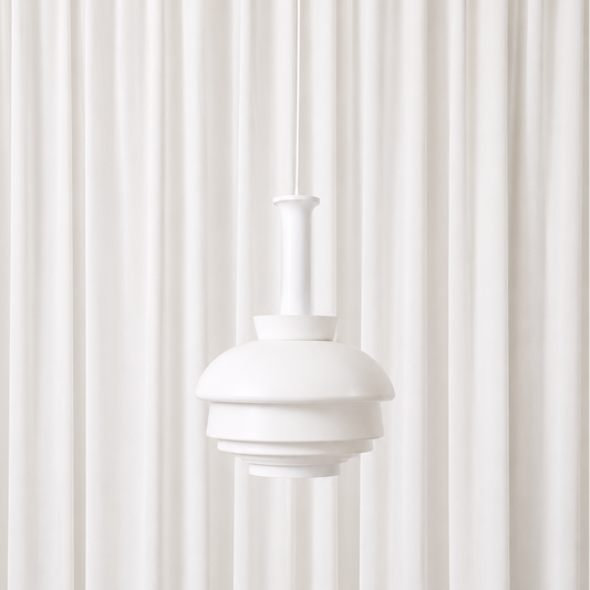 Rare vintage A335B pendant lamp by Alvar Aalto, manufactured in Finland by valaisinpaja. White metal shade with authentic wear and visible patina.