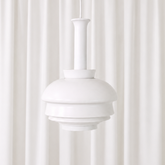 Vintage A335B pendant lamp designed by Alvar Aalto for Artek and manufactured in Finland by Valaisinpaja. A classic white Finnish design lamp.