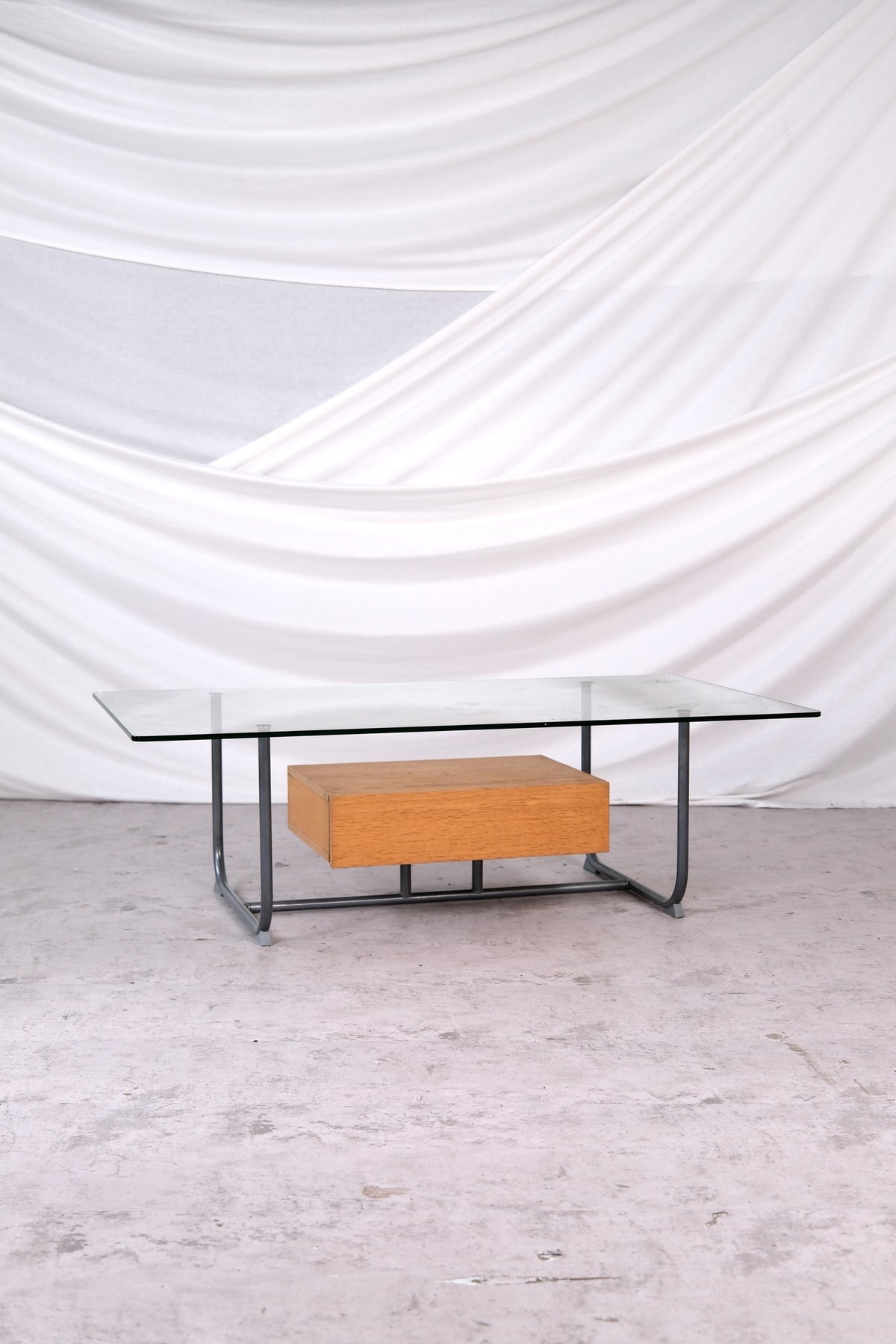Vintage IKEA Hemberg coffee table with glass top and oak drawer, 1999