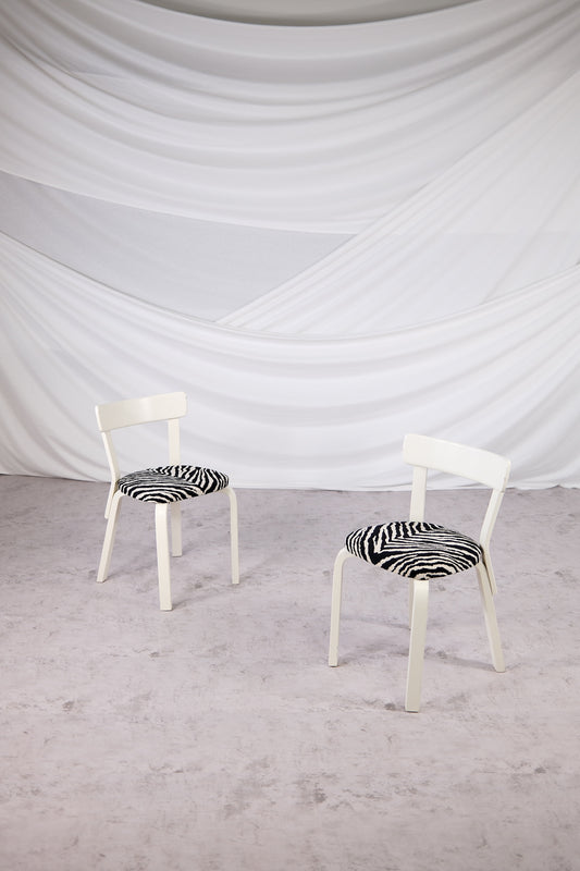 Artek 69 Chairs White Frame with Zebra Upholstery