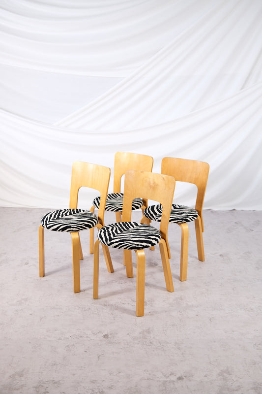 Artek 66 Chairs with Zebra Upholstery, by Alvar Aalto