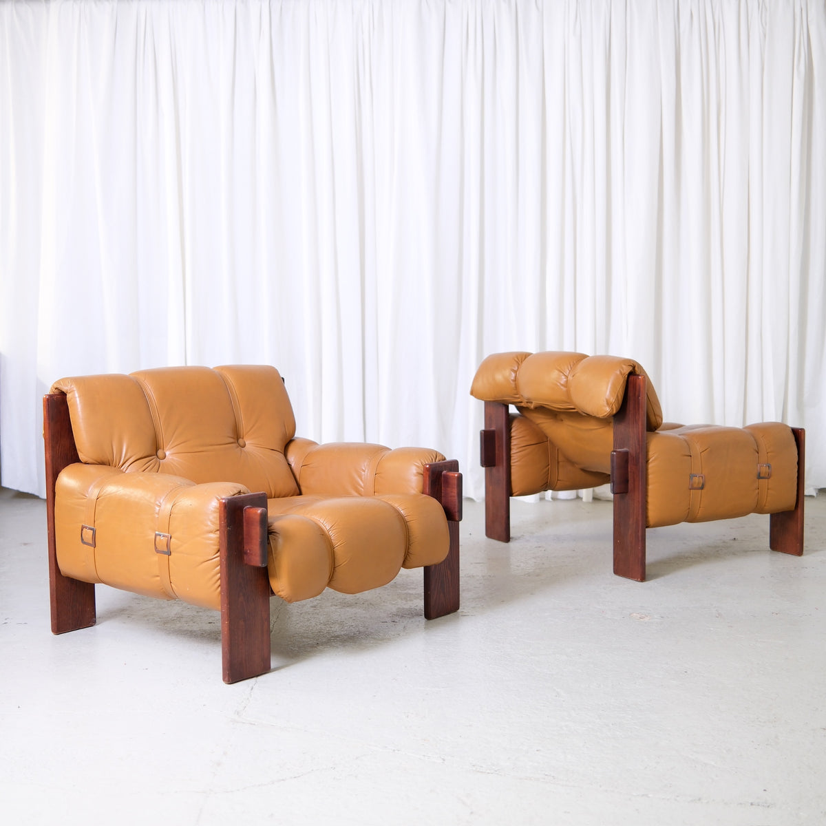 Pair of vintage Brazilian armchairs in cognac leather and wood