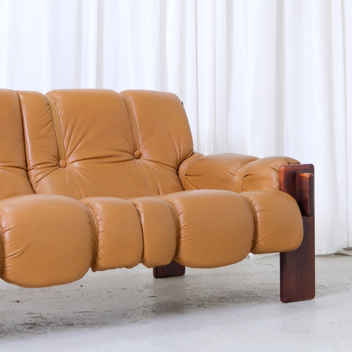 Vintage Brazilian Sofa in Cognac Leather and Wood