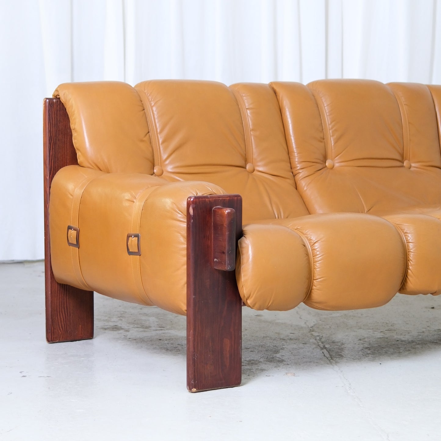 Vintage Brazilian Sofa in Cognac Leather and Wood