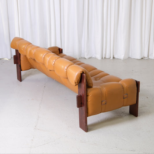 Vintage Brazilian sofa in cognac leather with dark wooden frame