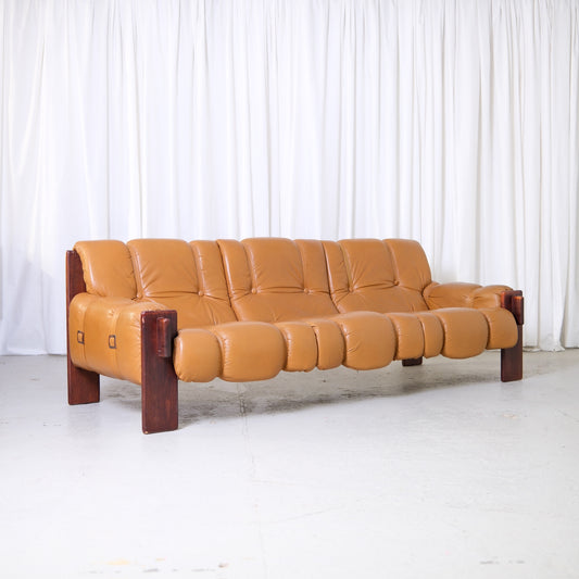 Vintage Brazilian Sofa in Cognac Leather and Wood