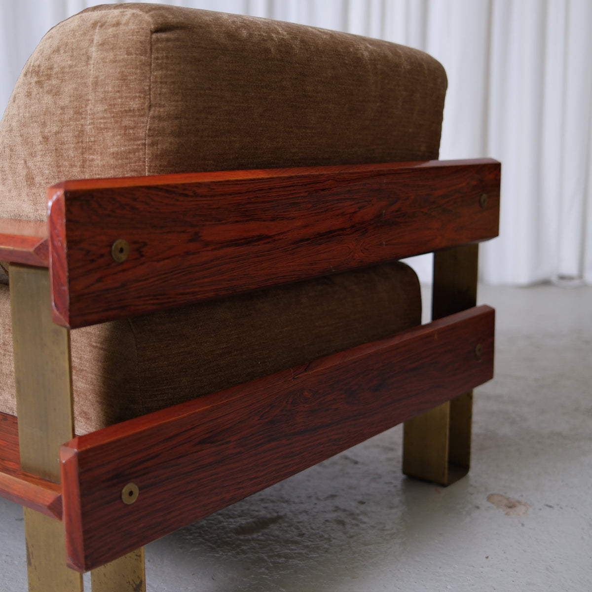 Rare 1970s Armchair and Ottoman with Rosewood and Brass