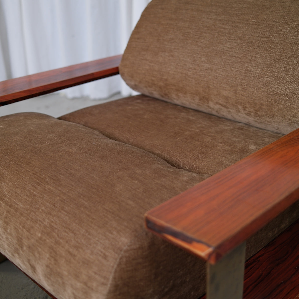 Rare 1970s Armchair and Ottoman with Rosewood and Brass