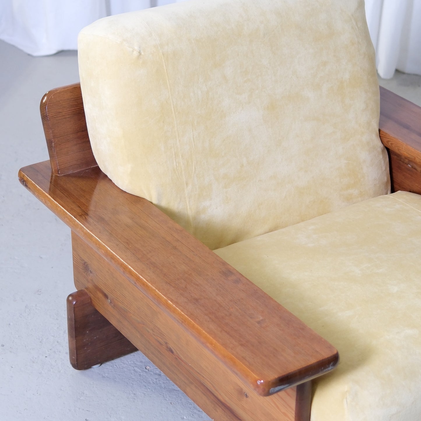 Vintage Scandinavian Pine Armchairs with Butter Velvet Upholstery