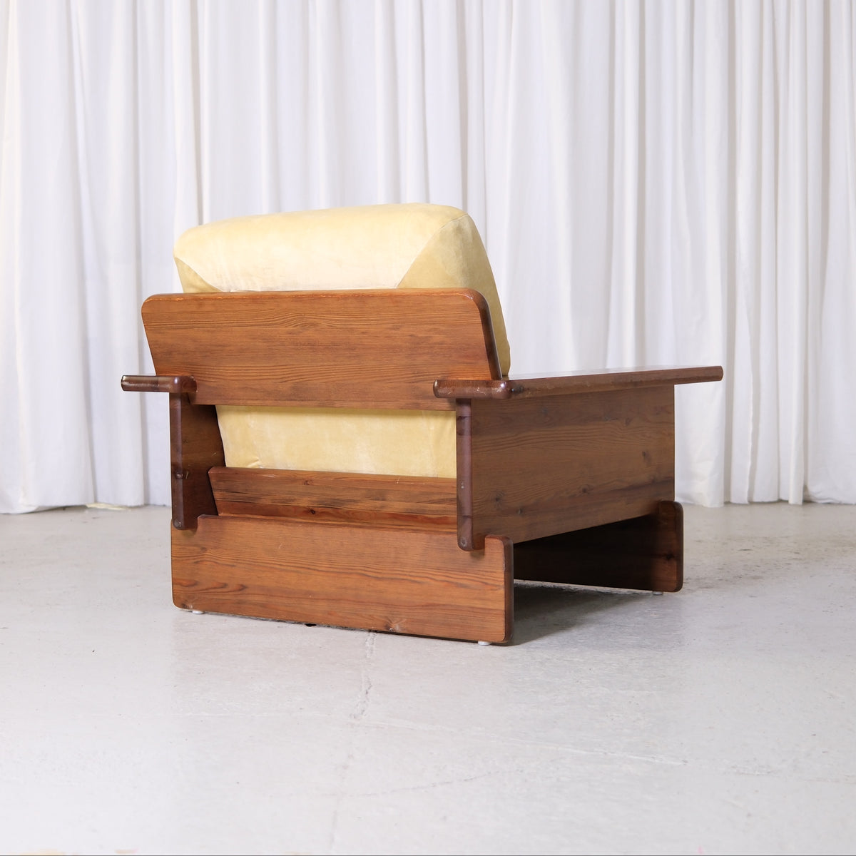 Vintage Scandinavian Pine Armchairs with Butter Velvet Upholstery