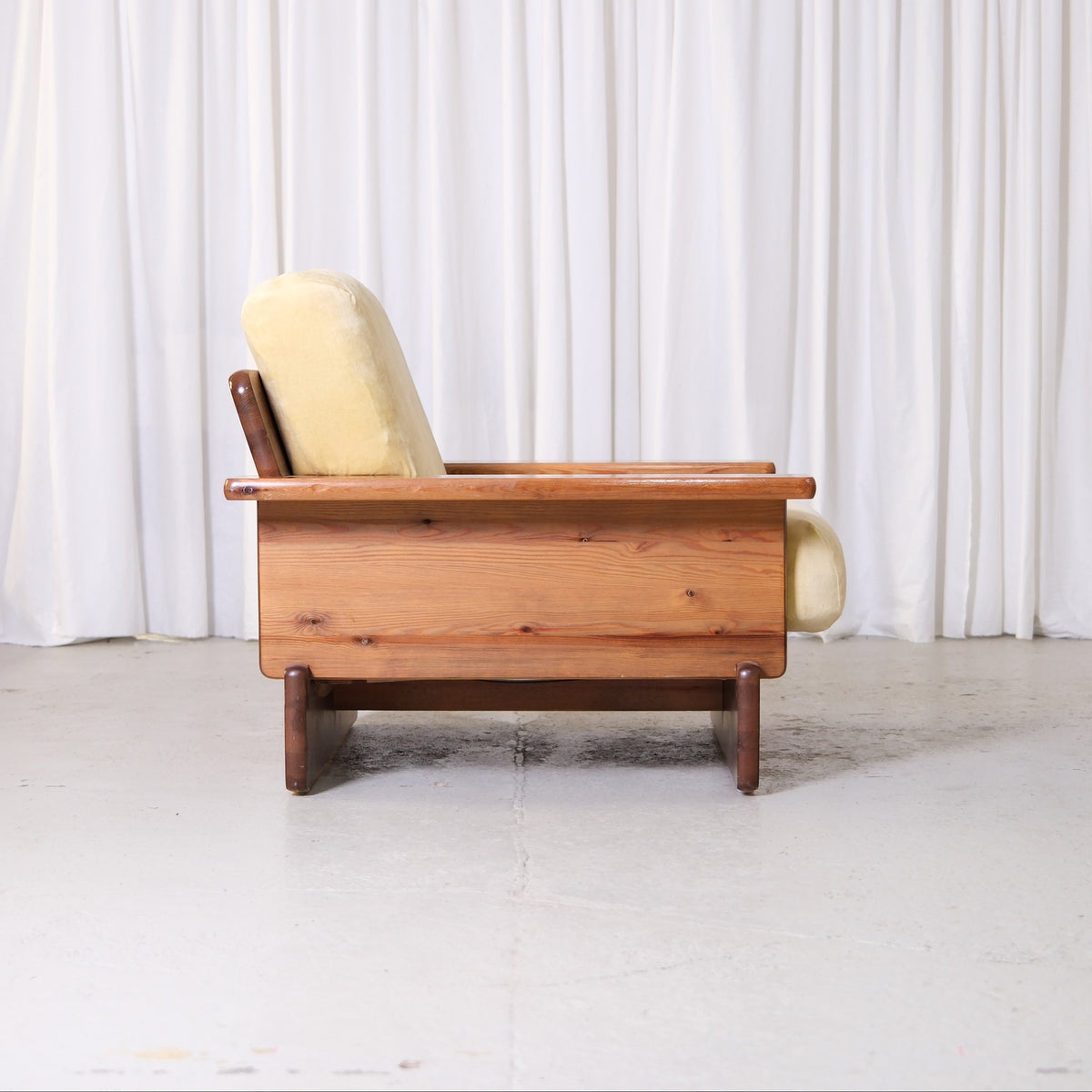 Vintage Scandinavian Pine Armchairs with Butter Velvet Upholstery