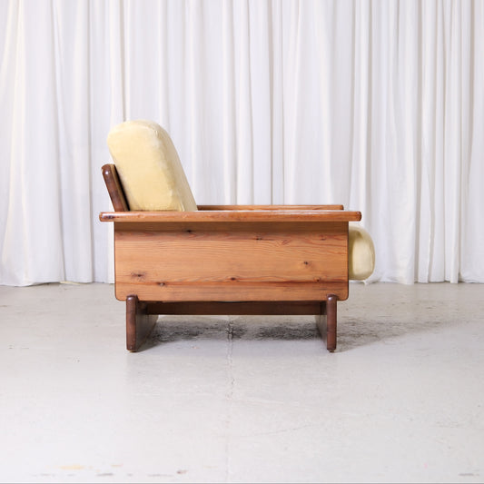 Vintage Scandinavian Pine Armchairs with Butter Velvet Upholstery