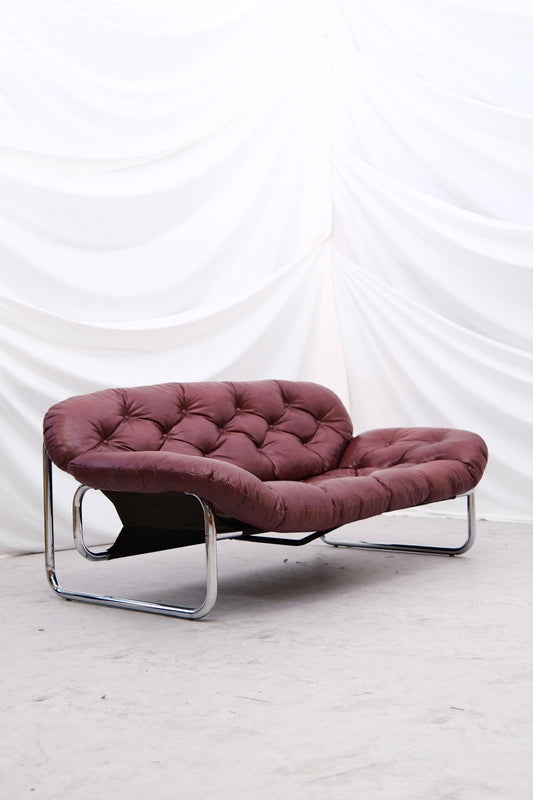 Vintage IKEA 2 Seater Sofa by Johan Bertil Häggström Dark Red Leather, 1970s