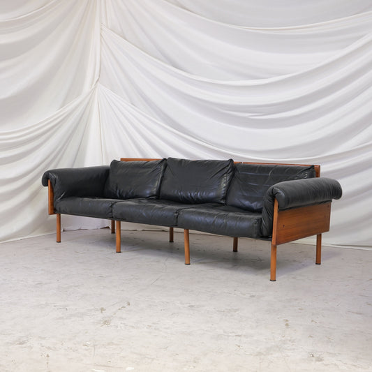 Vintage Yrjö Kukkapuro Ateljee 3-seater sofa with rosewood frame and original black leather cushions