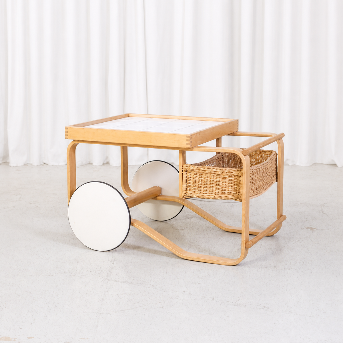 Artek Tea Trolley 900 in birch with white tiles and rattan basket