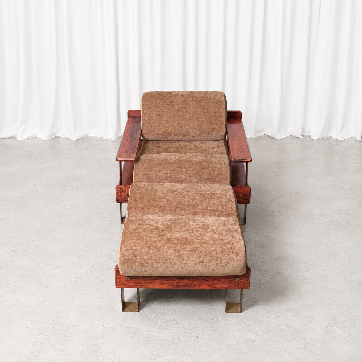 Rare 1970s Armchair and Ottoman with Rosewood and Brass