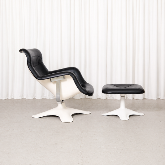 Yrjö Kukkapuro Karuselli Lounge Chair and Ottoman in Black Leather, Haimi