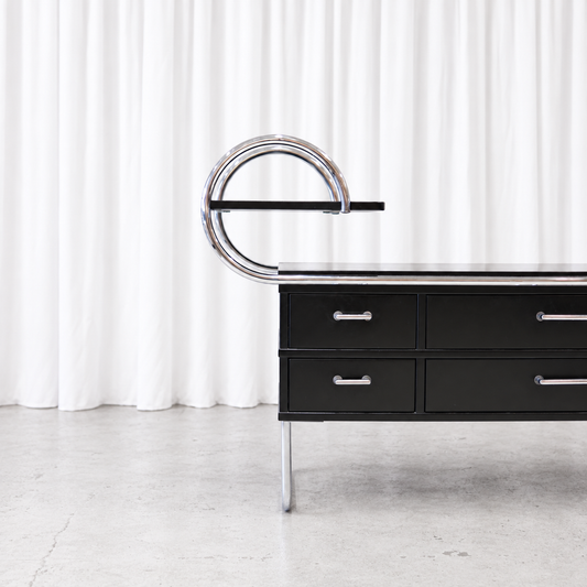 Post Deco 1300 credenza with curved chrome frame and drawers